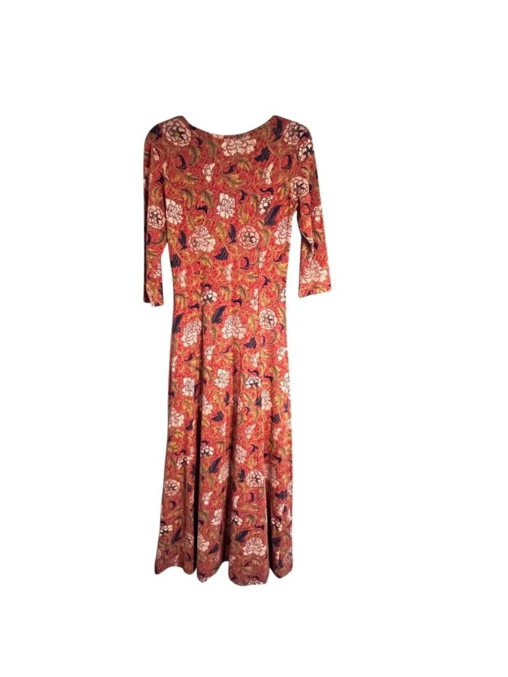 Peruvian Connection Dress Womens XS Red Floral 3/4 Sleeve Maxi Fit Flare Cottage